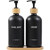 BONLONG Black Soap Dispenser Bathroom Set, Bamboo Pumps & Tray, Hand Soap, and Lotion Dispenser Set Suitable for Bathroom Counter Decor. (Black)