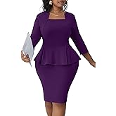 Runwind Plus Size Dress for Curvy Women Midi Church Wear to Work Bodycon Vintage Peplum 3/4 Sleeve Sheath Pencil Dress