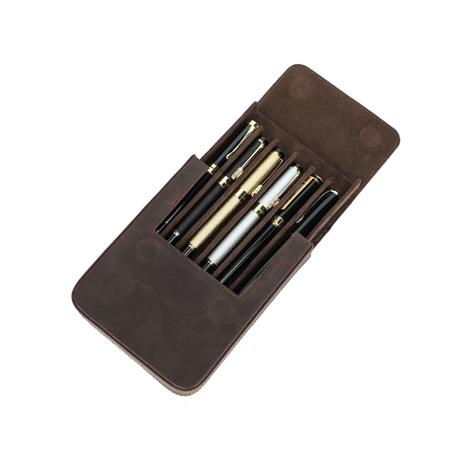 Hiram Leather Pen Box for 6 Pens Portable Pen Leather Storage Case with Hidden Magnetic Snap Closure and Pen Tray Holder Design (Coffee) — image 1