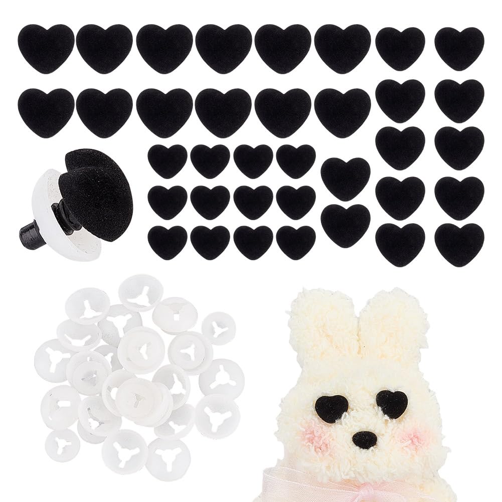 GOMAKERER 36 Sets 3 Sizes Crafting Heart Noses with Spacers, Plastic Dog Safety Noses Teddy Bear Noses Doll Making Supplies Puppy Nose for Stuffed Animals Making, Black