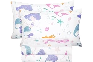 BYSURE Full Sheets Set Kids(Mermaid, Pink), 4 Pieces Easy Fit Deep Pocket Sheets Set, Breathable Wrinkle-Free Microfiber Bedding for Children