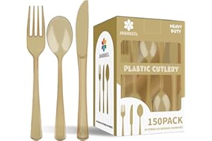 JSQBSECL 150 Pack Plastic Silverware,Disposable Cutlery Set Heavy Duty Utensil Sets 50 Forks 50 Knives 50 Spoons for Brithday, Wedding,Home Office School Party Picnics (Coffee Clear)