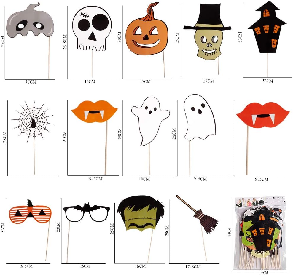 PUSITI Pre-assembled Halloween Photo Booth Props 35 Pieces Party Favors Decorations Halloween Props Pumpkin Ghost Lips Skull Glasses Wizard Hat Spider Mask Pose Sign Kit Funny Halloween Photo Booth Props 2020 Version: Toys & Games