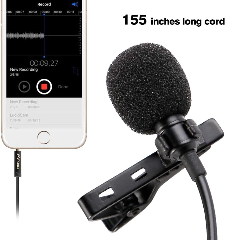 PoP voice 155" Single Head Lavalier Lapel Microphone Omnidirectional Condenser Mic for Apple iPhone Android & Windows Smartphones, YouTube, Interview, Studio, Video Recording, Noise Cancelling Mic …