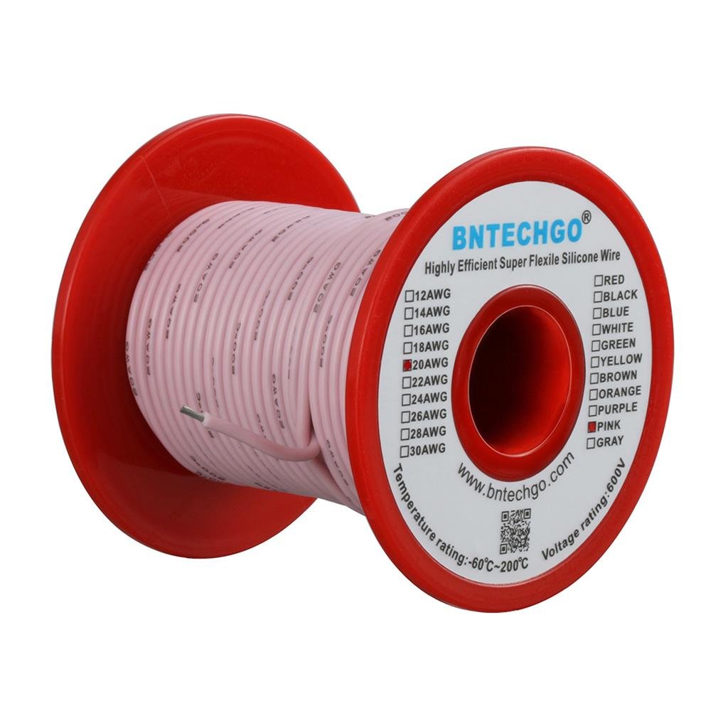 BNTECHGO 20 Gauge Silicone Wire Spool Pink 100 ft Ultra Flexible High Temp 200 deg C 600V 20 AWG Silicone Rubber Wire 100 Strands of Tinned Copper Wire Stranded Wire for Model Low Impedance