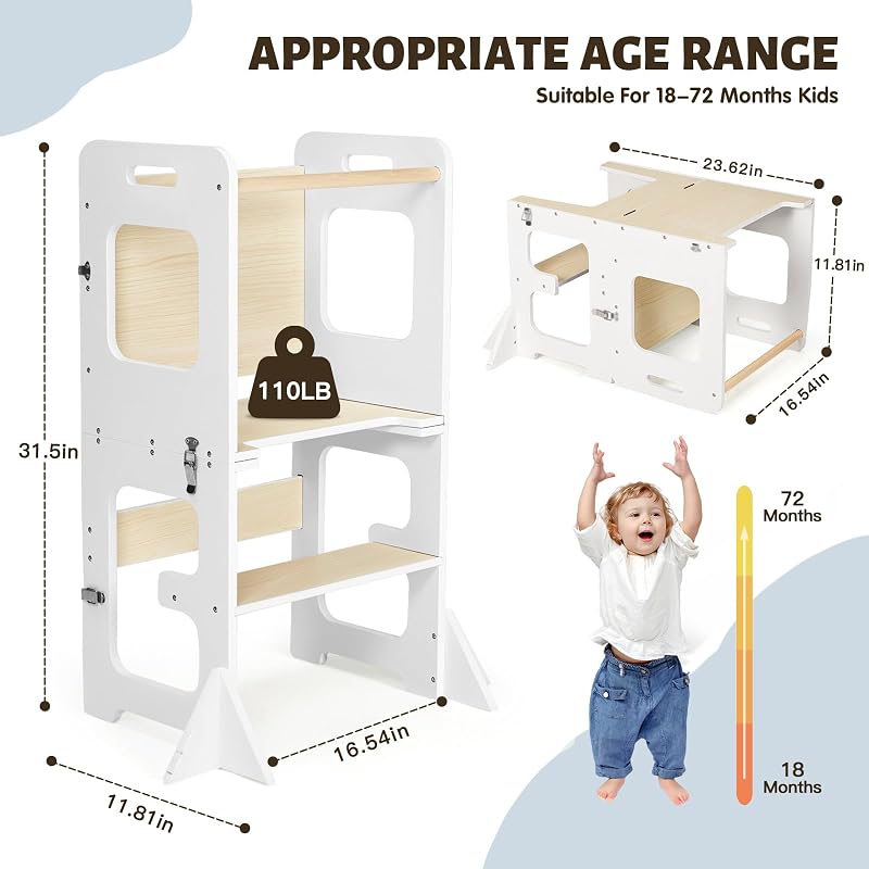 Torre de Aprendizagem, Torre Dobrável Montessori por criança, Torre de Aprendizagem Multifuncional com Quadro Negro, Torre de Aprendizagem com Torre 3 em 1 desde 1 ano - branca e de madeira