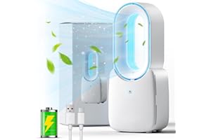 Misby Rechargeable Desk Fan, 5-color LED Light Bladeless Table Fan of 11.8 Inch, White Desk Fans Small Quiet for Bedroom, Home, Office