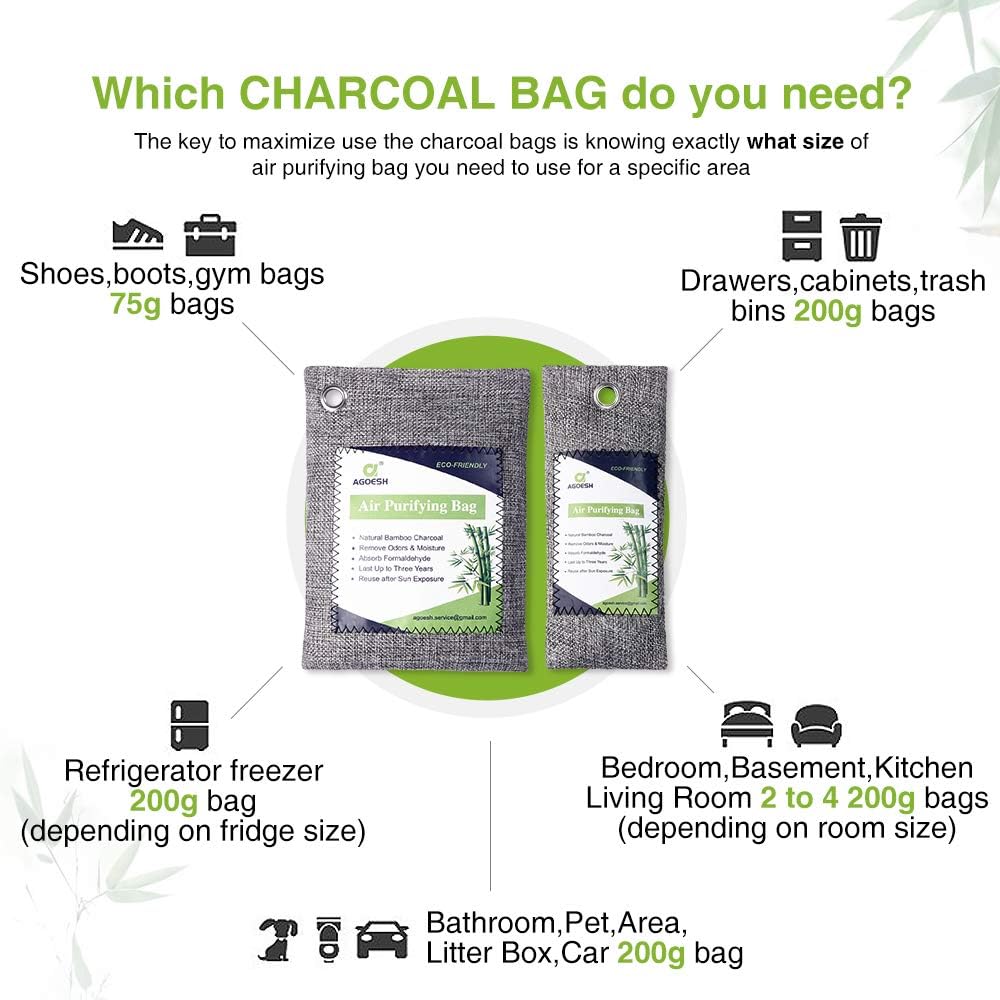 AGOESH Bamboo Charcoal Air Purifying Bag 8 Pack with 4 Hooks,Activated Charcoal Bags Odor Absorber,Chemical&Fragrance Free,Nature Fresh Charcoal Bags for Home,Car,Pet Areas: Home & Kitchen