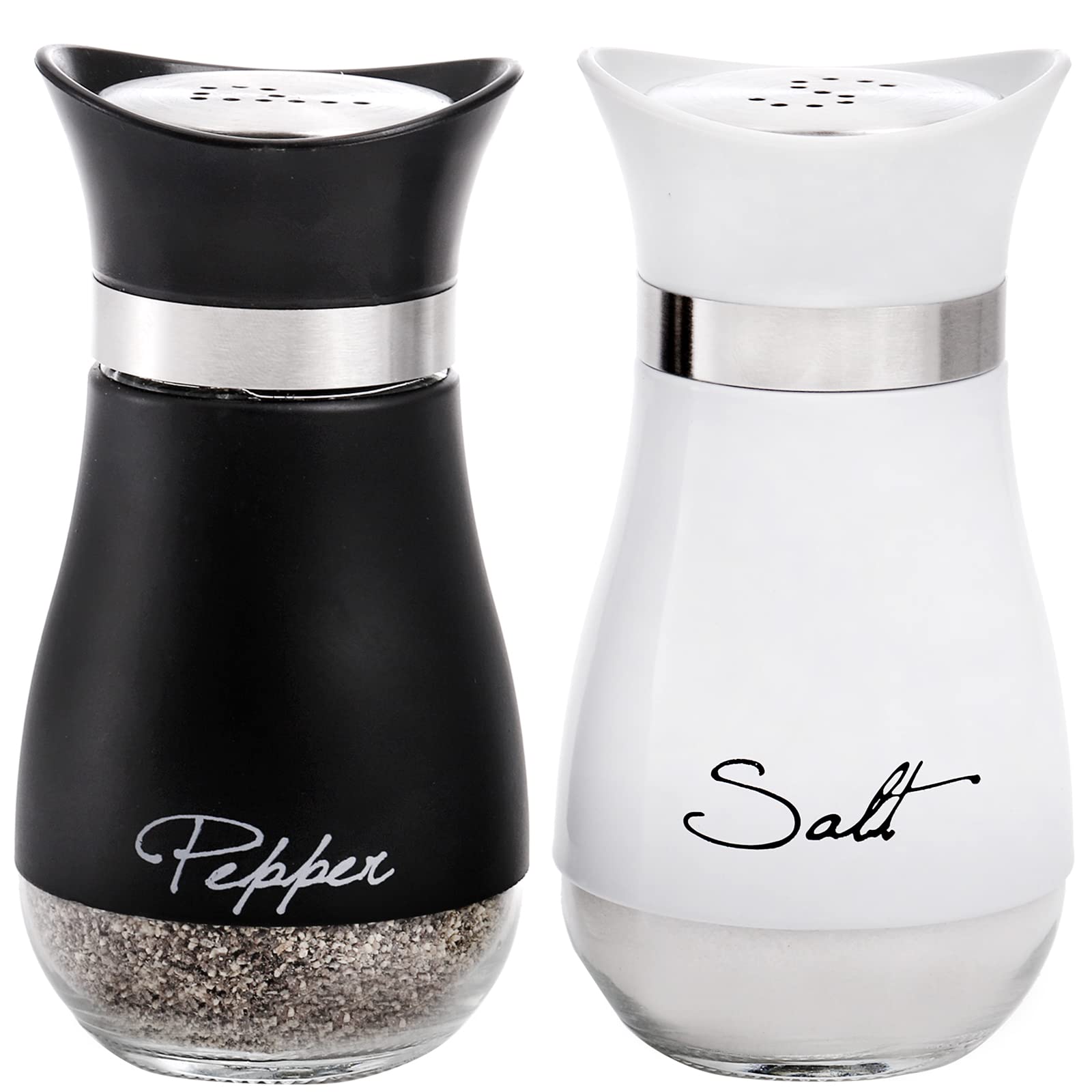 Tebery 2 Pack Refillable Salt and Pepper Shakers Set, 120ml Stainless Steel & Glass Spice Dispenser Seasoning Container for Home Cooking Camping BBQ（Black & White）