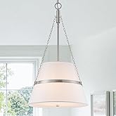Modern Brushed Nickel Drum Chandeliers for Dining Room Light Fixture 15.35” Cone White Linen Pendant Lights Kitchen Island 4-