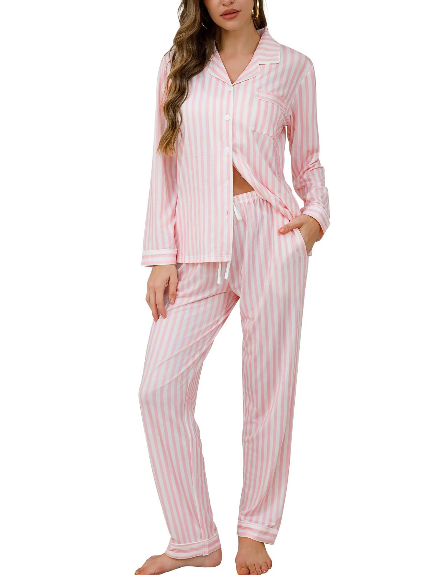 SWOMOG Womens Pajamas Set Long Sleeve Sleepwear Button Down Nightwear Soft Cotton Pj Lounge Sets Image