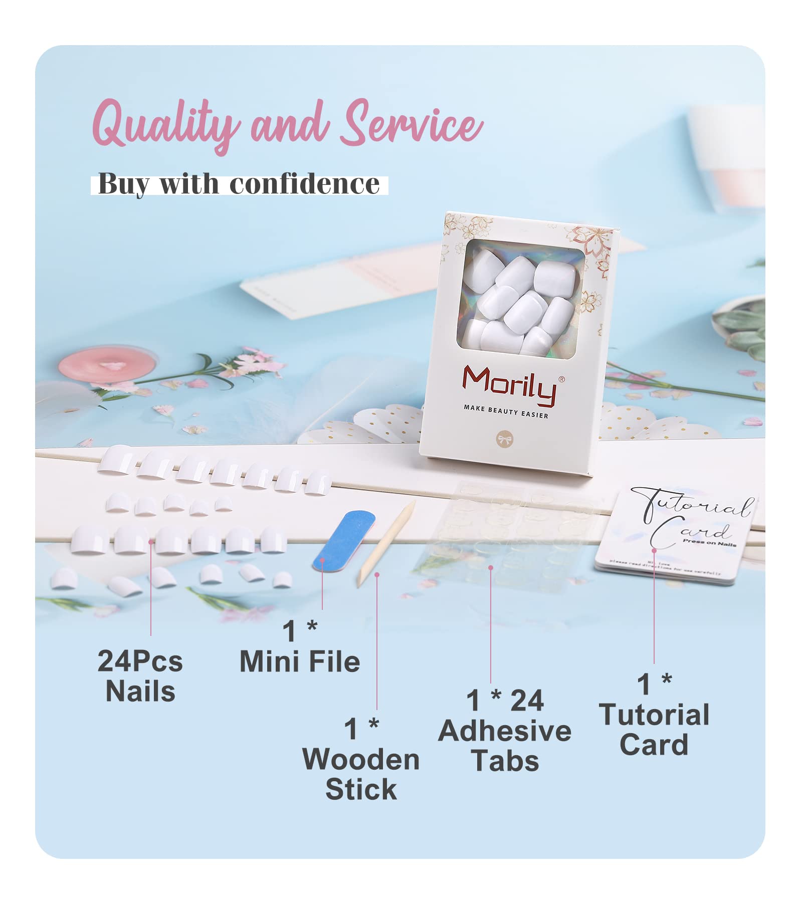 Morily Press on Nails - White Fake False Nails Short Square for Women, Solid Color Glossy Squoval Stick on Fingernails with Adhesive Tabs - 24Pcs in 12 Sizes - Image 2