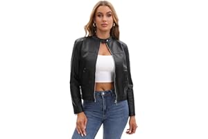 Women's Faux Leather Motorcycle Jacket Casual Zip-Up Biker Trendy Coat with Pockets