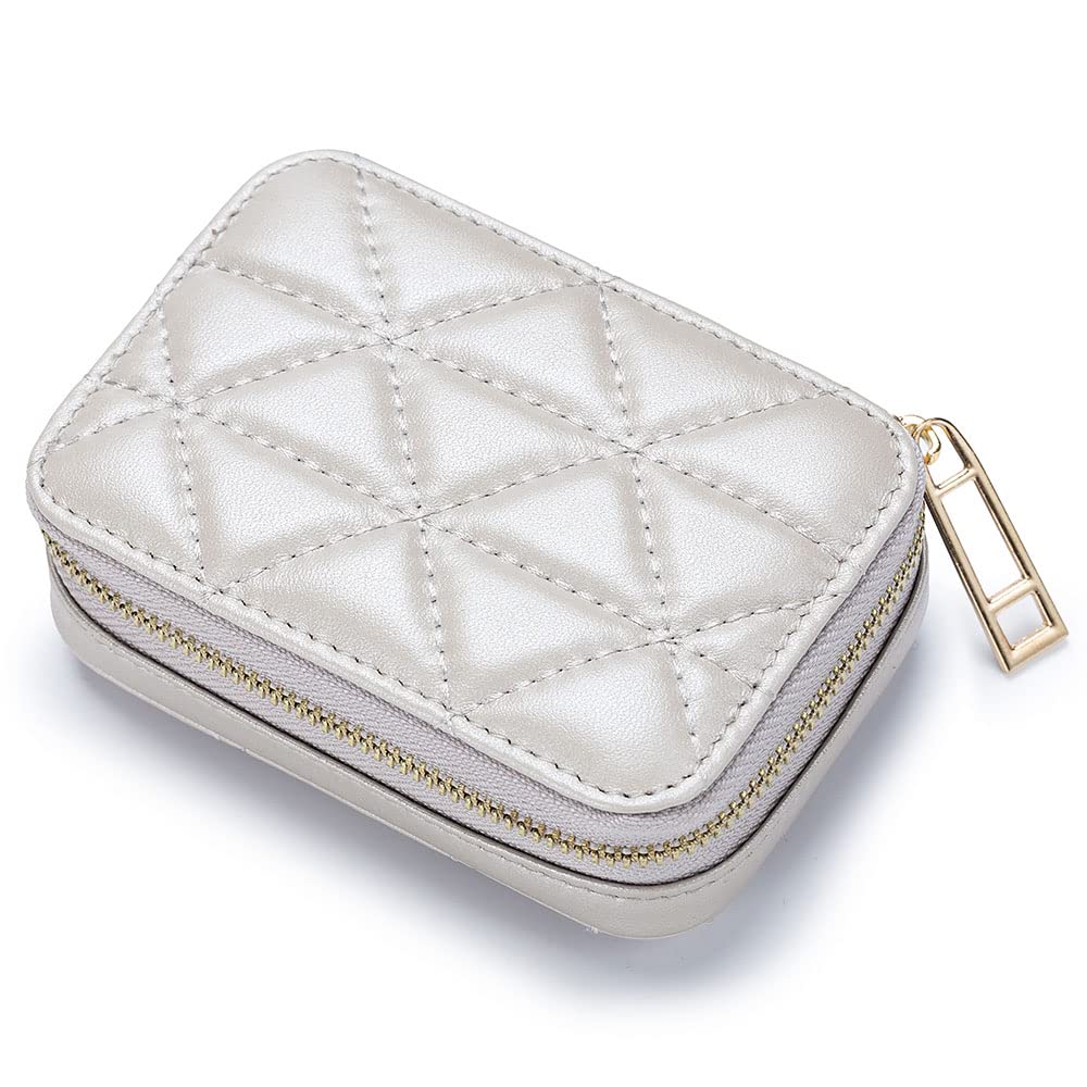 Aileder Lipstick Case with Mirror Genuine Leather Zipper Lipstick Holder Box Small Travel Makeup Cosmetic Organiser Storage Kit for Women Ladies (White)