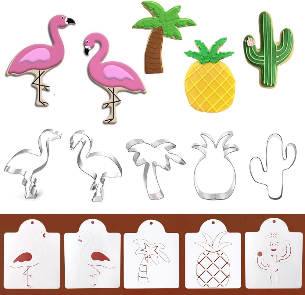 Tropical Cookie Cutters with Matching Cookie Stencils - Set of 10-5Pcs Cookie Cutter and 5Pcs Stencils, Include 2 Flamingo, Palm Tree, Pineapple and Cactus