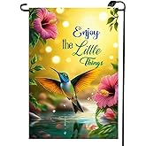 Spring Summer Hummingbird Flowers Garden Flag 12 x 18 Inch Double Sided, Burlap Outdoor Farmhouse Floral Garden Flag Summer Decorations for Home Porch, Small Yard Lawn Flags for Outside