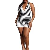 Geulis Womens Summer Halter Short Rompers Sexy Bodycon Striped Sleeveless Backless Tie up One Piece Jumpsuits Club Outfit