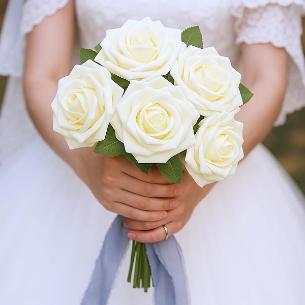 RCZ DÉCOR ARTIFICIAL CREAM FOAM ROSES WITH STEMS & LEAVES – PACK OF 50, PERFECT FOR WEDDING CENTERPIECES, EVENT DECOR, DIY BOUQUETS, AND MORE