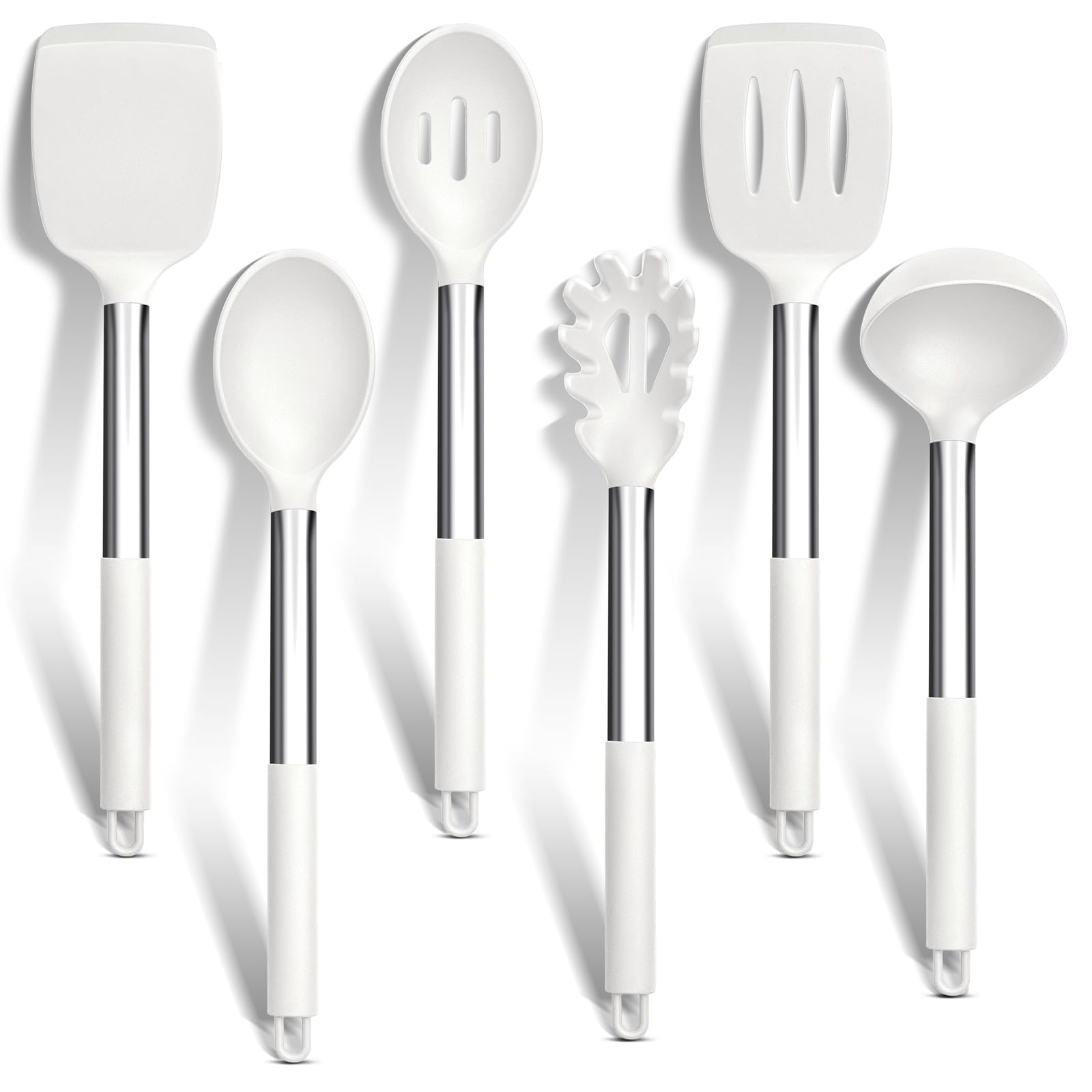 HaWare Kitchen Utensils Set, 6 Pcs Silicone White Cooking Utensils Include Ladle Turner Spoon Pasta Server, Heat Resistant Kitchen Tools with Stainless Steel Handle, Non-Stick Cookware Friendly