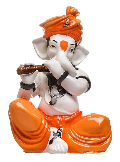 Karigaari Ganesha Playing Basuri Polyresine Idol (16.41 cm x 13.59 cm x 13.59 cm)