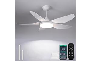 Kviflon 46 Inch Ceiling Fans with Lights and Remote/APP Control,Modern 2 Downrods Semi Flush Mount Ceiling Fan with 5 Reversible Blades 6 Speeds, 3 CCT Dimmable for Bedroom Living Room, White