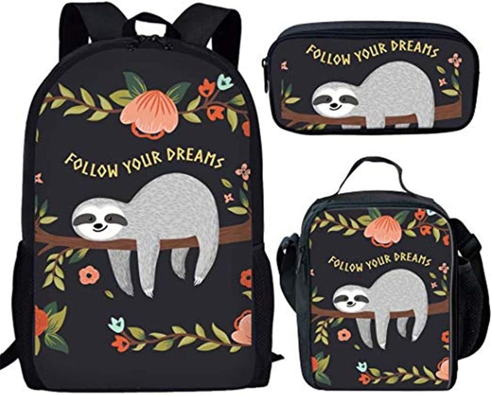 Coloranimal 3 Piece Set School Backpacks for Children Funny Floral Sloth Bookbag+Insulated Food Box+Zip Closure Pencil Case…