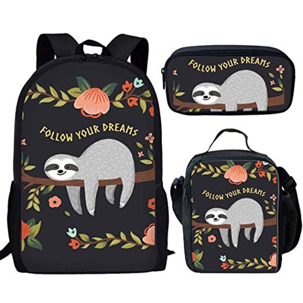 Coloranimal 3 Piece Set School Backpacks for Children Funny Floral Sloth Bookbag+Insulated Food Box+Zip Closure Pencil Case…