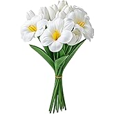 Ovveroche 16 PCS Artificial Tulips Flowers White PU Realistic Faux Tulip Stems 12 Buds & 4 Full Blooms Fake Flowers for Home Table Wedding Spring Easter Decor