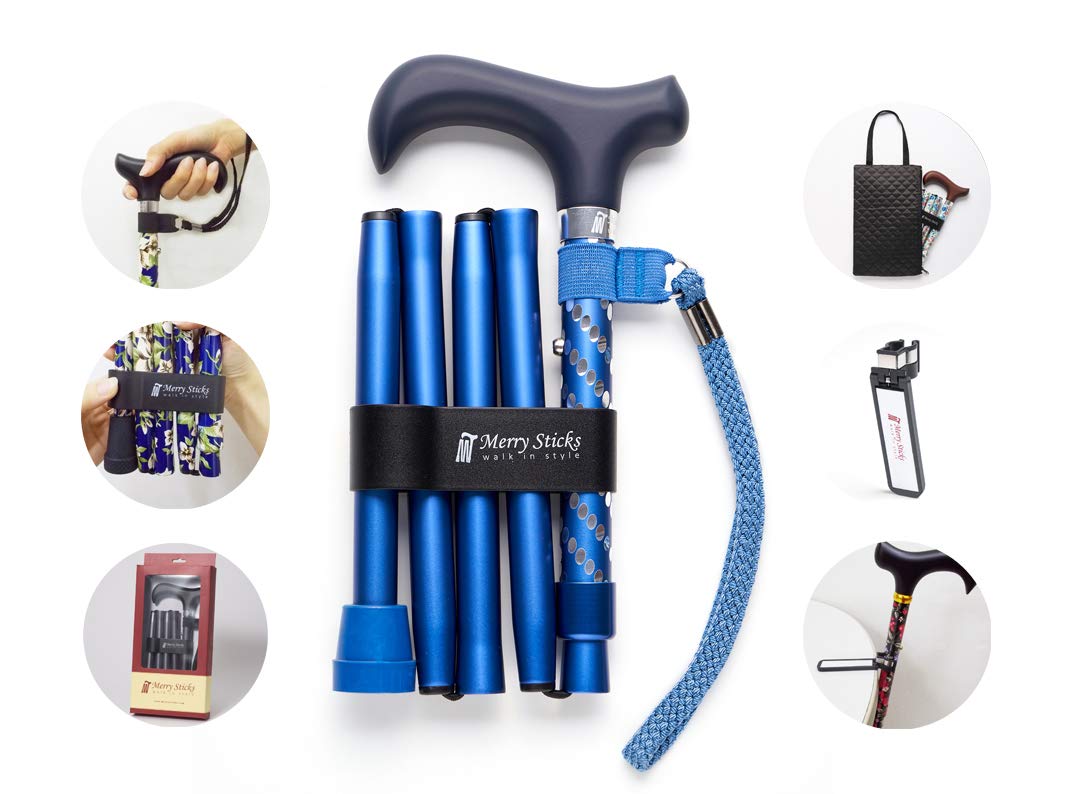 Merry Sticks Foldable Adjustable Designer Walking Stick, Folding Stick, Iridescent Blue, Includes a Practical Stick Pocket and an Intelligent Reflective Stick Holder