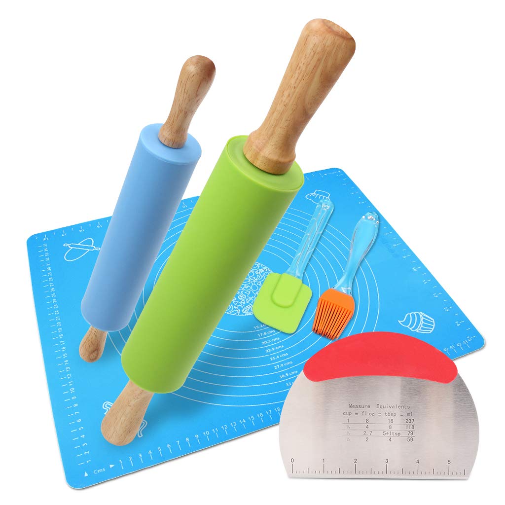 Non-Stick Silicone Rolling Pin Set,Combo Kit of Large and Small Non-Stick Silicone Dough Rollers and Pastry Cutter,Pastry mat,Scraper,Brush