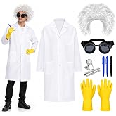 JcHrmers 6 Pcs Halloween Mad Scientist Costume for Adult with Lab Coat Goggles Glasses Wig Rubber Gloves for Halloween Party