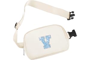 COSHAYSOO Ivory Initial Belt Bag Waist Fanny Pack Small Crossbody Bum Hip Pouch Cross Body Chest Purse with Monogram Letter Patch for Women Teen Girl Running Going Out Hands Free Travel (V)