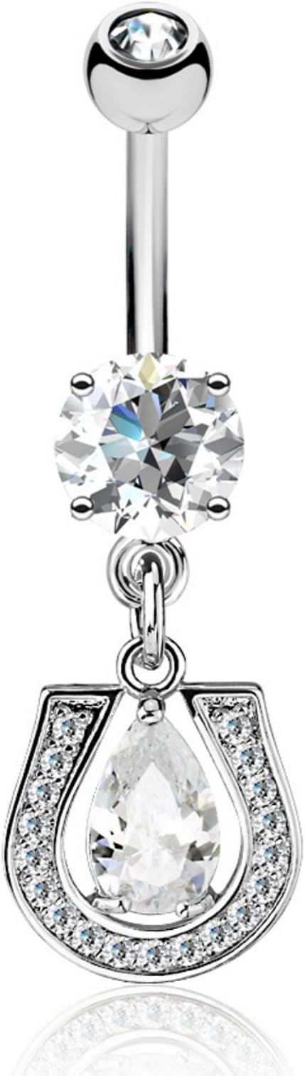 14G Lucky Horseshoe Teardrop CZ Dangle Steel Belly Button Navel Ring