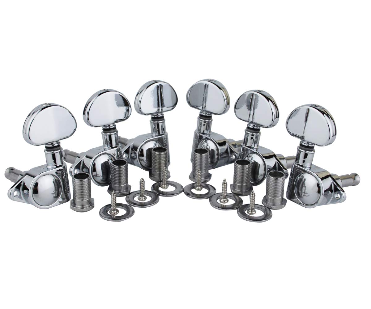 Guyker Guitar Machine Heads (3L + 3R Handed) – 1:21 Sealed Tuners Tuning Key Pegs with Big handle Replacement for Electric, Folk or Acoustic Guitars – Chrome, GK102C