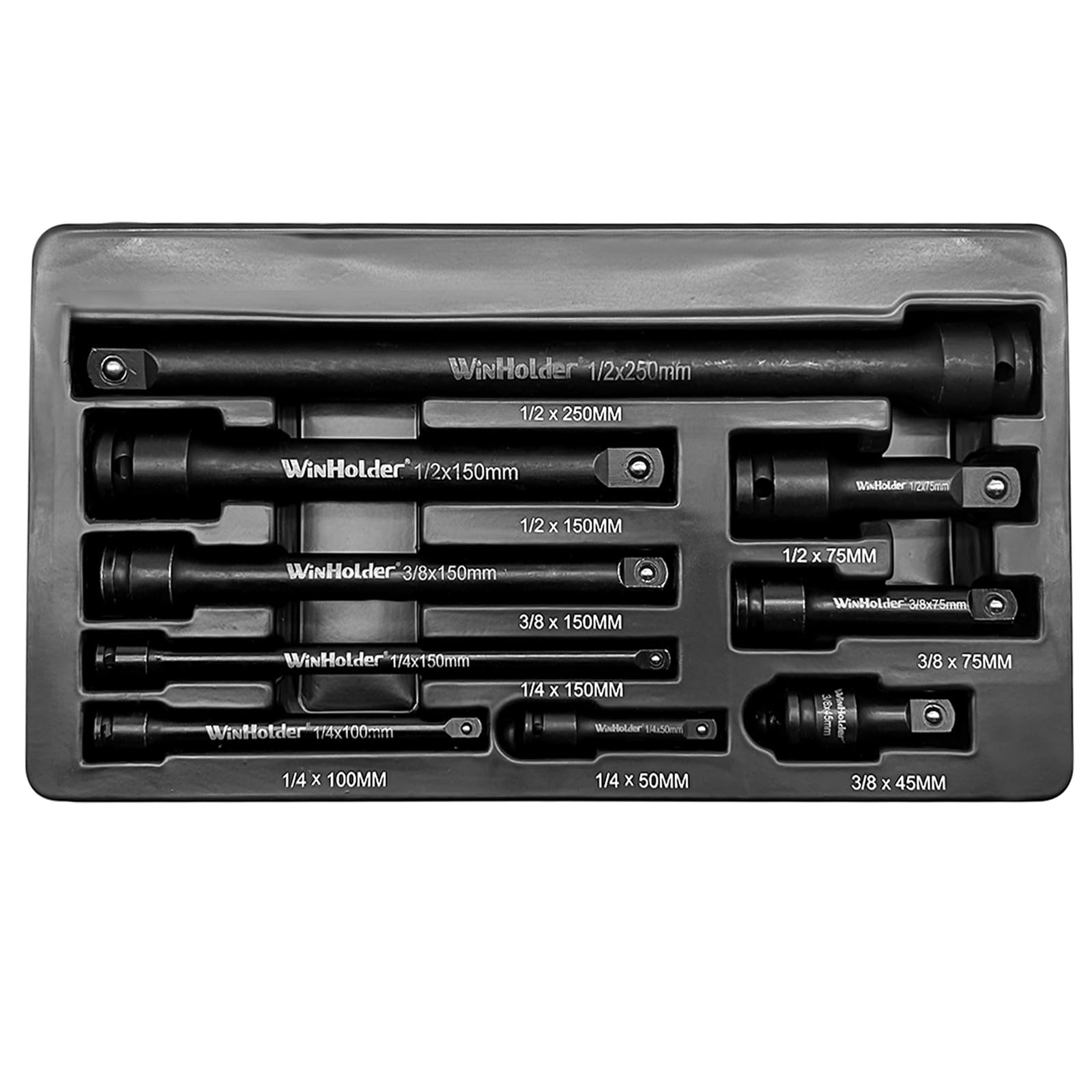 WinHolder Industrial 9pc Pneumatic Impact Extension Bar Set, 1/4", 3/8", 1/2" Mixed Drive Premium Chrome Vanadium Steel with Black Phosphate Finish