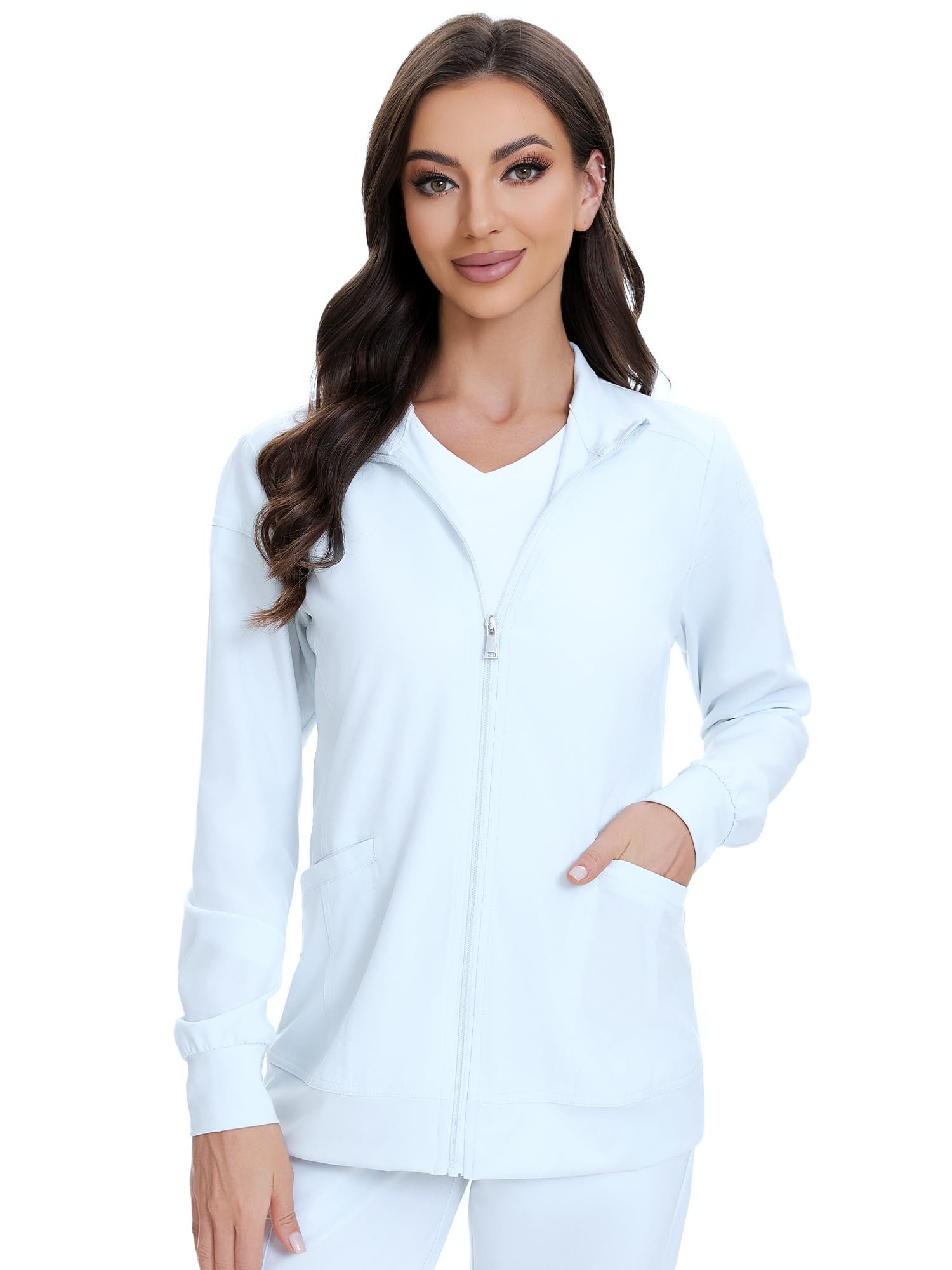 Photo 1 of COZYFIT Scrub Jackets for Woman, Zip Front Nurse Jacket, 4-Way Stretch Fabric - Saltwater Slide, S Cloud White(LIGHT BLUE)