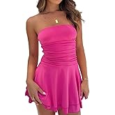 LOFAAC Women Sexy Strapless Tube Silk Mini Dress Y2K Ruched Waist Ruffle Layer Backless Flowy Party Bodycon Short Dress