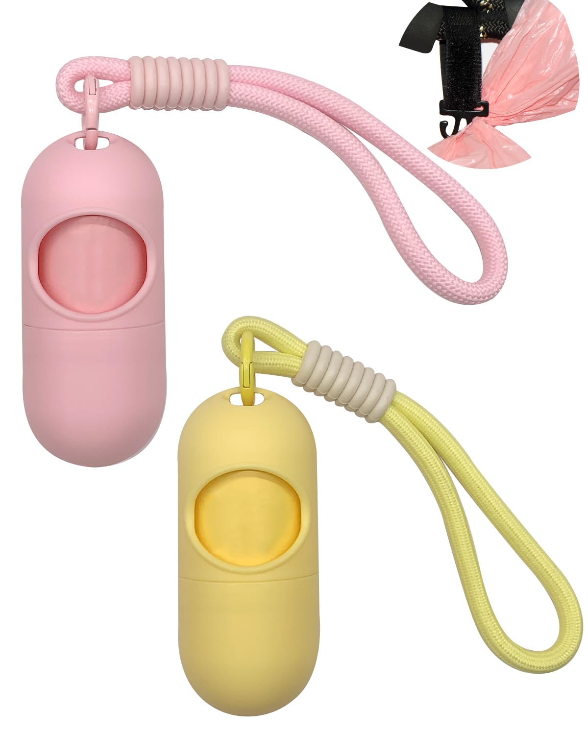SHAOUMAN 2 Pack Macaron Color dog poop bag holder - High-waisted poo bag holder with 2 Rolls of Poop Bags, Lanyards & Fasteners(Pink/Yellow)