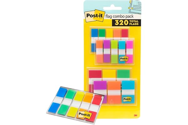 Post-it Flags Combo Pack, 200 Count of .47 in. x 1.7 in. and 120 Count of .94 in. x 1.7 in., Sticky Tabs in Assorted Bright C
