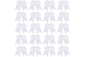YHXX YLEN 20 PCS 8 Inch Cheer Hair Bows Large Cheerleading Big Hair Bows with Ponytail Holder Hand-made Grosgrain Ribbon Hair Accessories for Teen Girls (White)