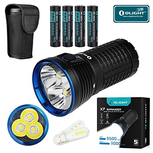 Bundle: Olight X7 Marauder CREE XHP 70 LED 9000 Lumens Flashlight Cool White Light With 3500mAh 18650 Rechargeable Batteries and Skyben USB Light