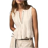Keliholiyu Linen Pleated Tank Top for Women Button Front Babydoll Shirt Y2K Sleeveless Ruffle Peplum Blouse Tunic Vest