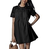 Shiyifa Womens Babydoll Lace Patchwork Dresses Summer Short Sleeve Ruffle Sundress Loose Crew Neck A-Line Dresses