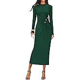 ZESICA Womens 2026 Fall Long Sleeve Mock Neck Bodycon Midi Dress Ruched Knit Elegant Party Cocktail Formal Dresses