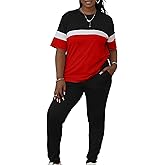 LovelyWholesale Plus Size 2 Piece Outfits for Women Color Block Tracksuit Short Sleeve Top and Pants Set