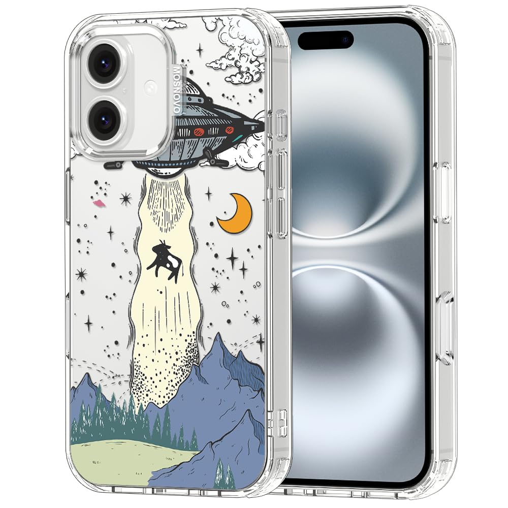 MOSNOVO Case for iPhone 16, [Buffertech 6.6ft Military-Grade Drop Protection] [Anti Peel Off Tech] Clear TPU Bumper Phone Case Cover Design - UFO