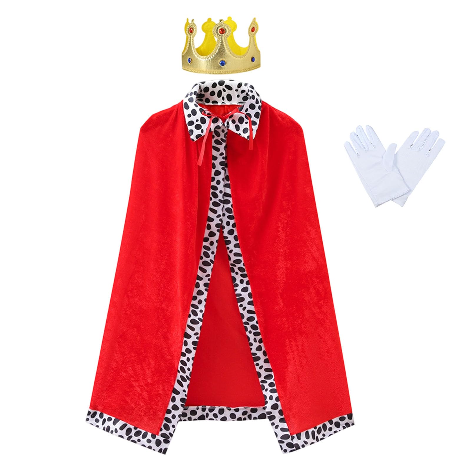 Adults King Costume Set, 3Pcs Royal King Queen Costume, Red Cow Pattern Cloak 120cm with Tie + Adjustable Crown with Hook-and-Loop Closure + Elastic White Gloves, Halloween Party Cosplay Stage Outfit