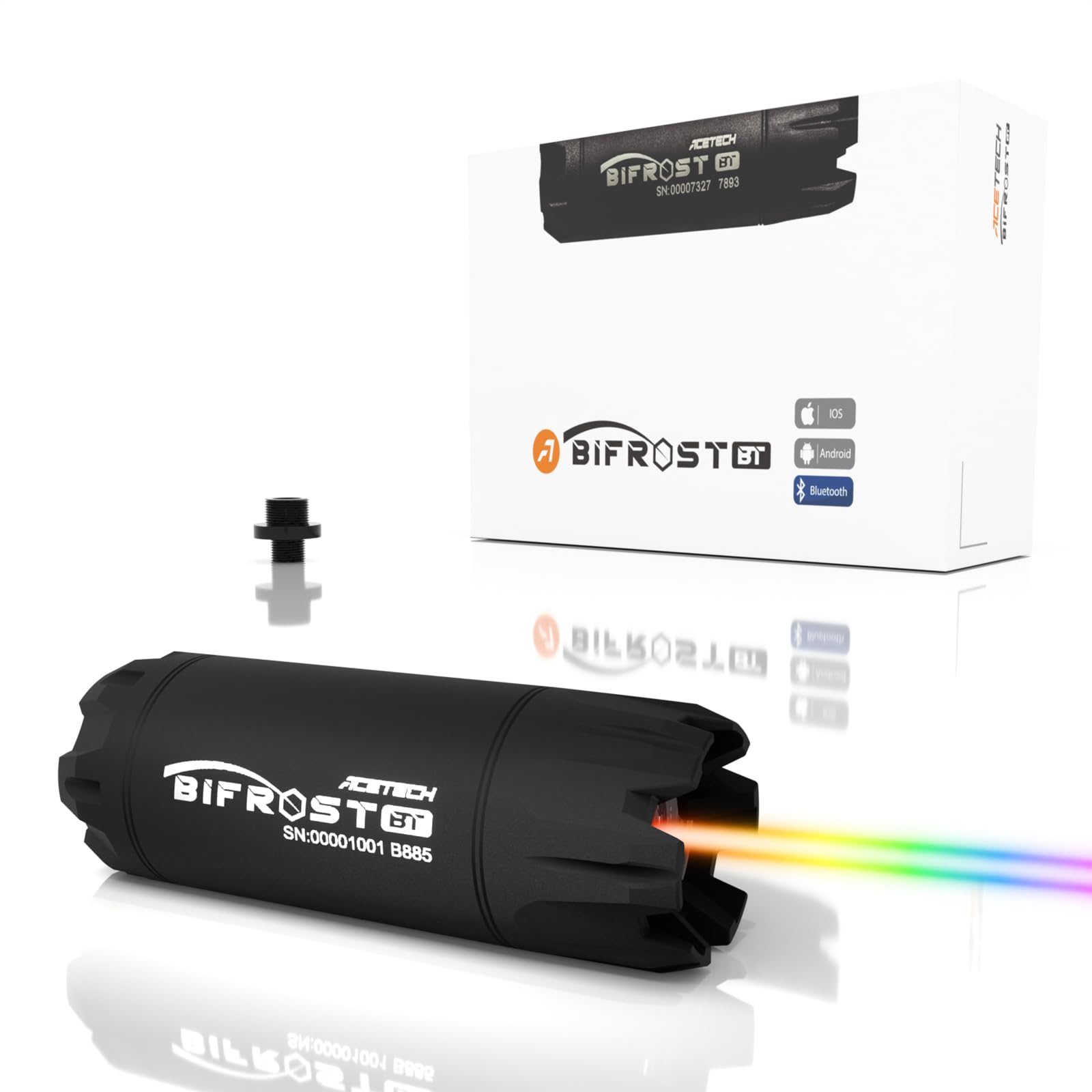 ACETECH Airsoft Tracer Unit Bifrost BT 14mm CCW Negative Thread M14- to M11+ Adaptor Green Red BBs LED Beam RGB Lighting Effect