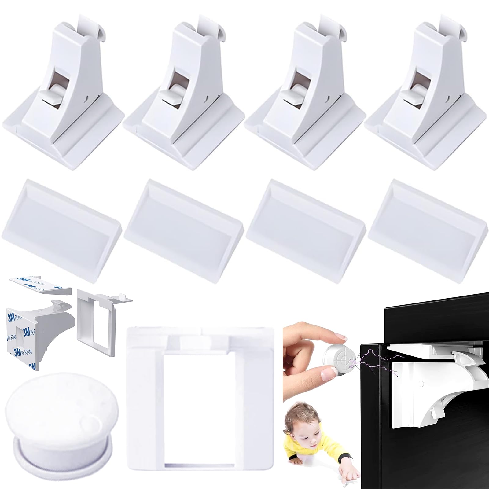 4 Locks + 1 Key Baby Safety Magnetic Cabinet Lock No Drilling Invisible Child Lock Invisible Child Lock for Cabinet and Drawers (White)