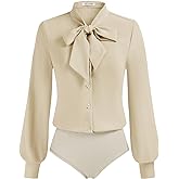 Kate Kasin Women Bow Tie Neck Office Blouse Button Down Long Sleeve Bodysuits Blouse Top